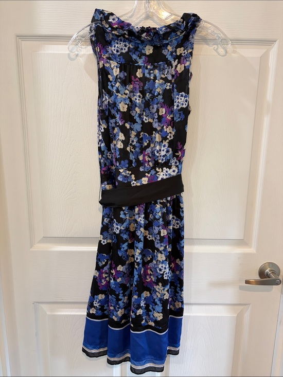 White House Black Market Dresses & Skirts - White House Black Market Black Floral Midi Dress with Blue & Purple Accents